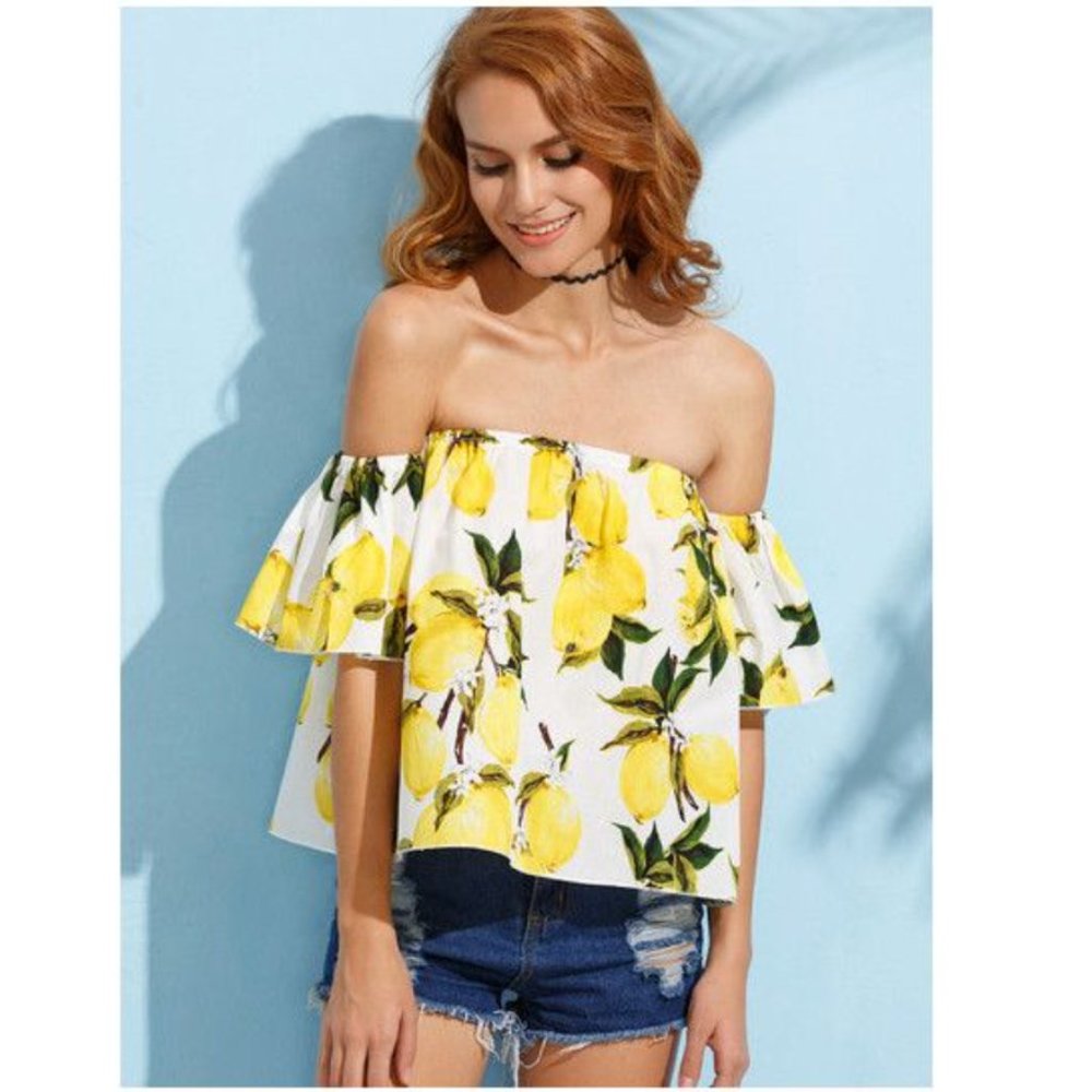 Off The Shoulder Ruffle Blouse Lemon Print - Picture 2 of 2